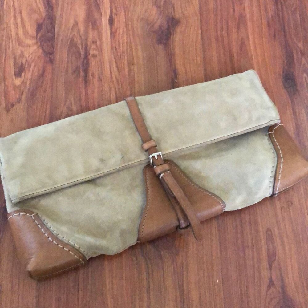 Tumi Suede and leather beige tan clutch handbag